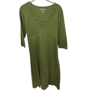 Blair Green Dress, Knit, Casual, Rosette‎ Neckline, Tie Back, L Petite